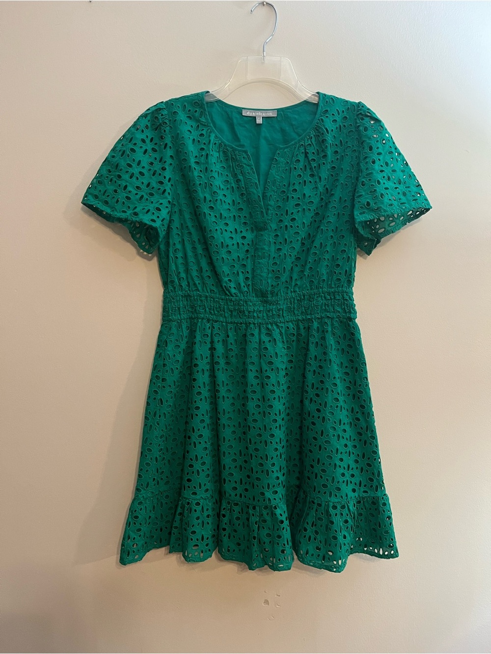 Daniel Rainn Green Eyelet Short Sleeve Dress Women’s Sz Medium 100% Cotton Lined